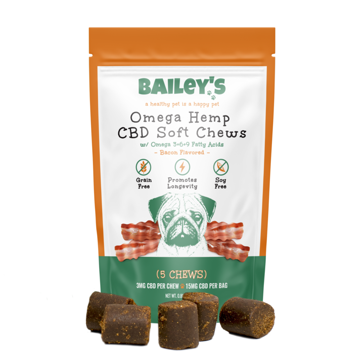 
                  
                    Bailey's - Bacon Flavored Omega-3 Hemp CBD Soft Chews - for Pets
                  
                