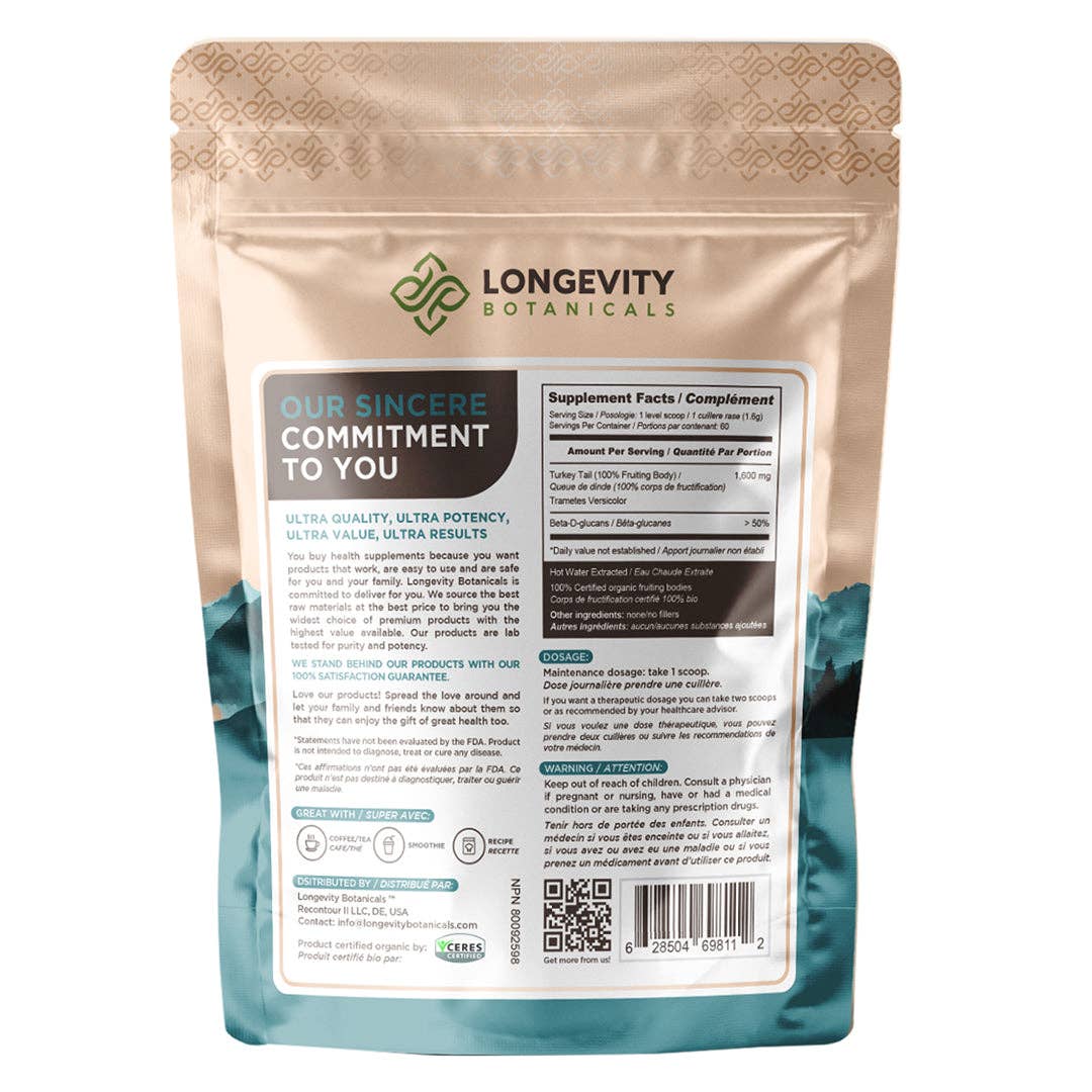 
                  
                    Longevity Botanicals - Organic Turkey Tail Mushroom Extract Powder 100g
                  
                