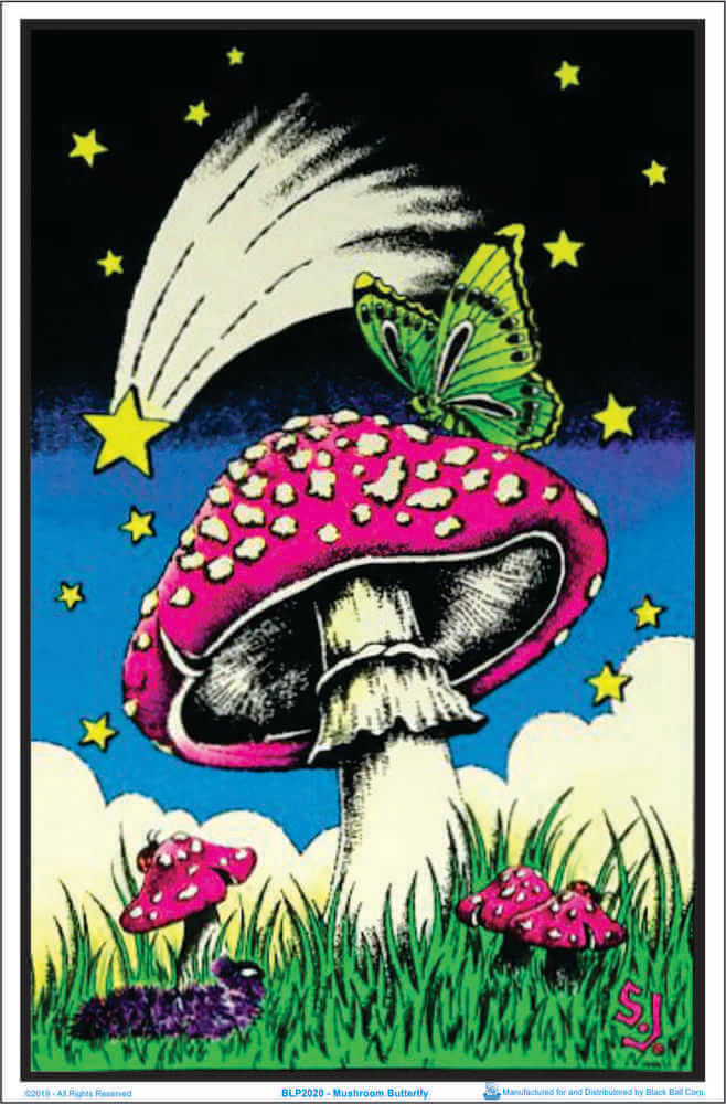 Mushroom Butterfly Flocked Blacklight Poster