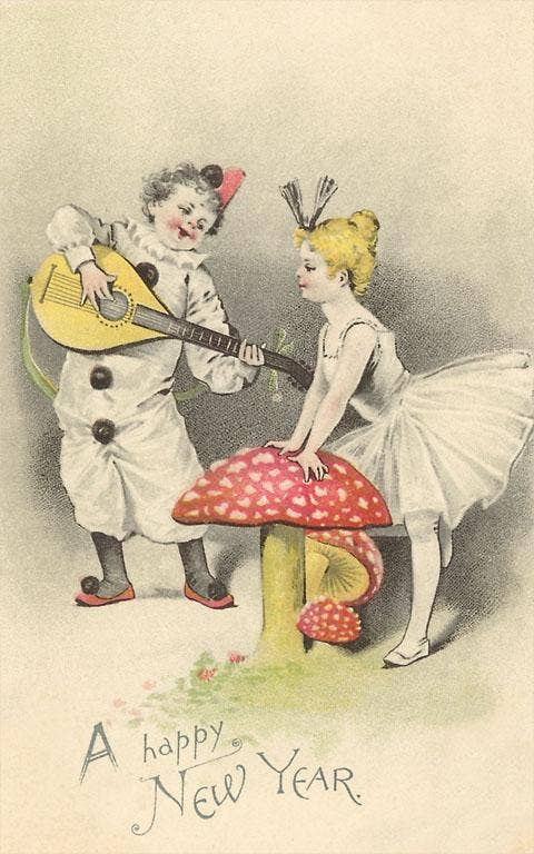 HN-68 Happy New Year, Children with Mushroom - Vintage Image, Art Print