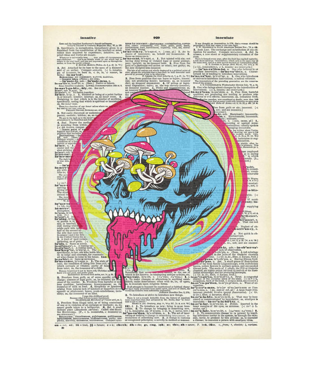 Crazilyhumbledesigns - Mushroom, skull, trippy, Vintage Dictionary Print