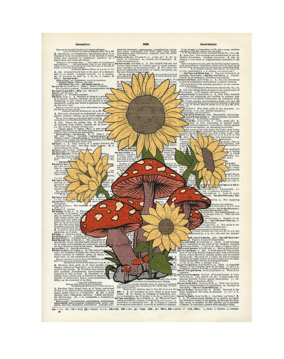 Crazilyhumbledesigns - Mushroom, sunflower, trippy, Vintage Dictionary Print